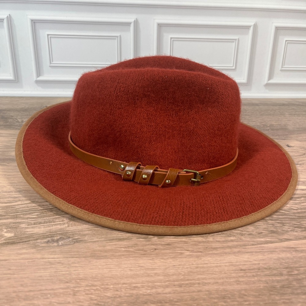 Urban Outfitters Fedora Hat Womens Red Wool Blend Wide Brim Faux Leather Band OS